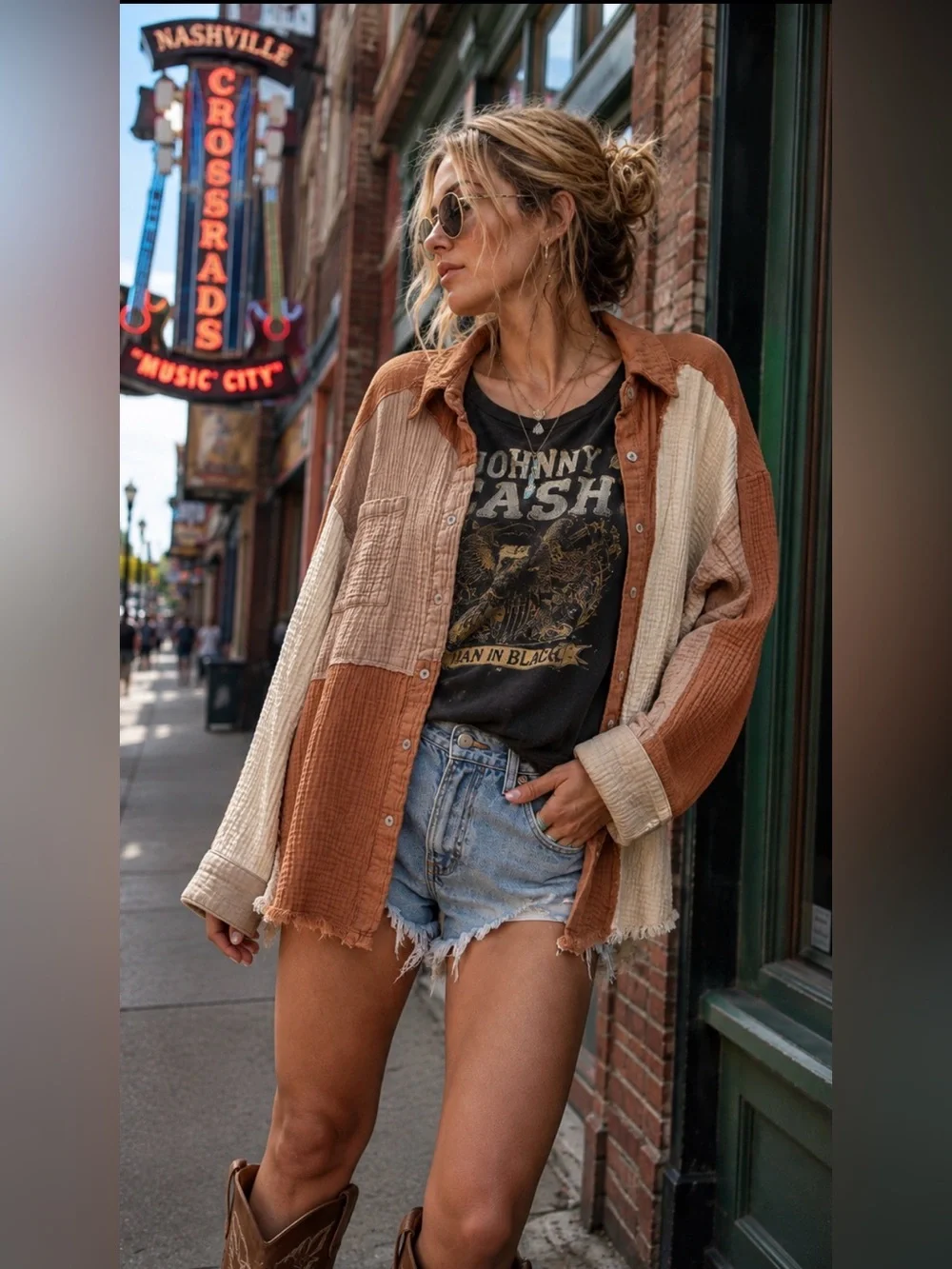 New In Color Block Cotton Gauze Button Front Shirt | Boho Raw Hem | Western - Picture 6 of 7